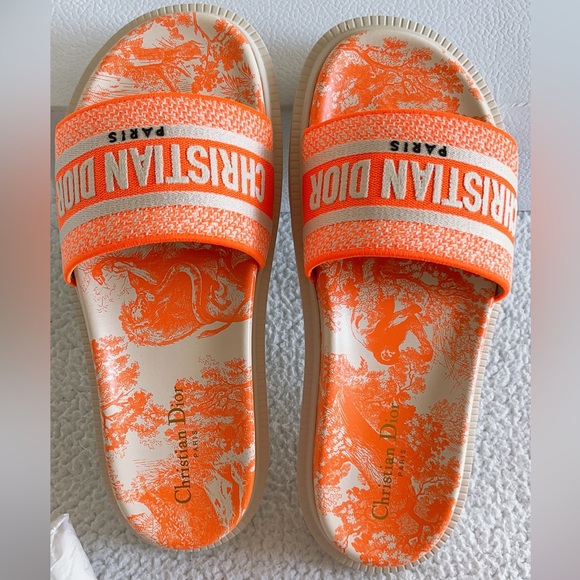 Authentic Christian Dior Dway Slides Sandals Fluo Toile de Jouy Embroidered - Picture 12 of 16